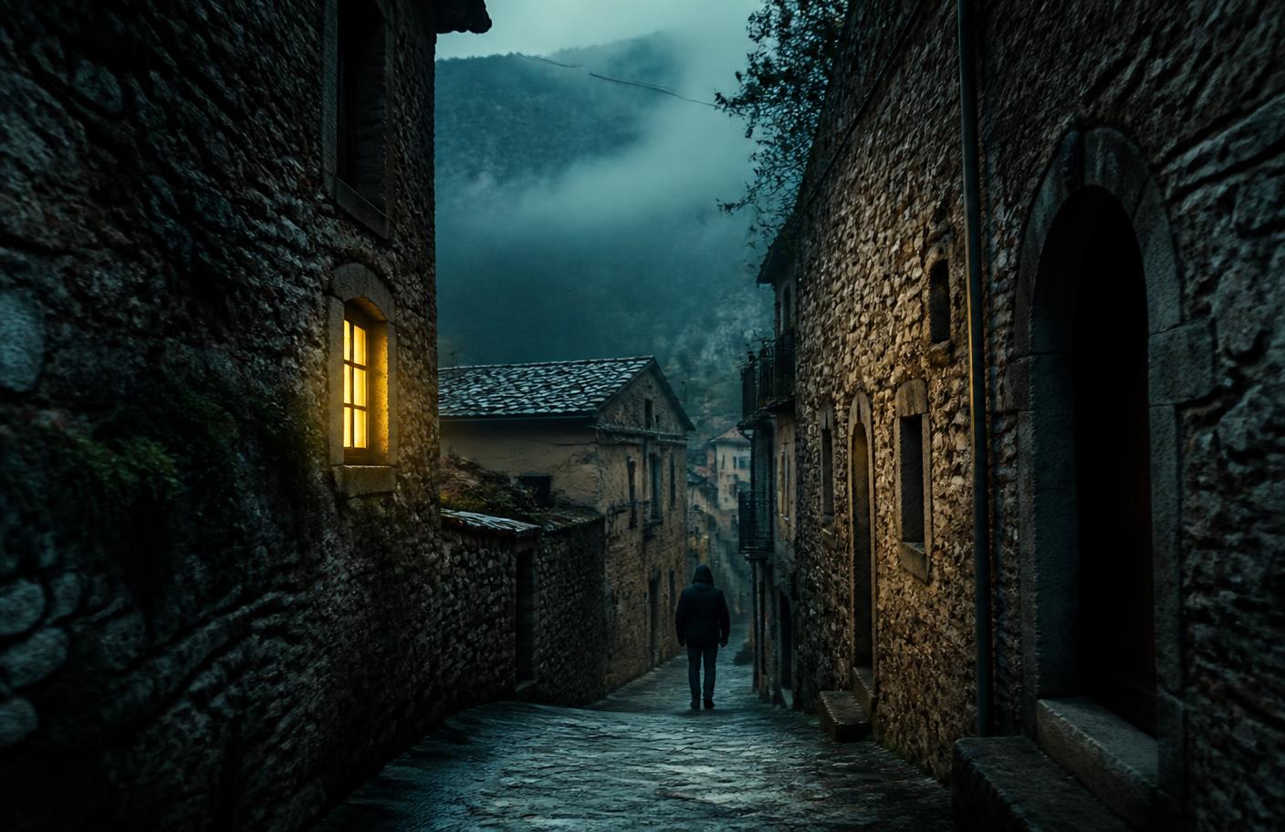 Vicolo di pietra al tramonto con una sola finestra illuminata